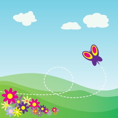 StudioFibonacci Cartoon Hillside with Butterfly and Flowers